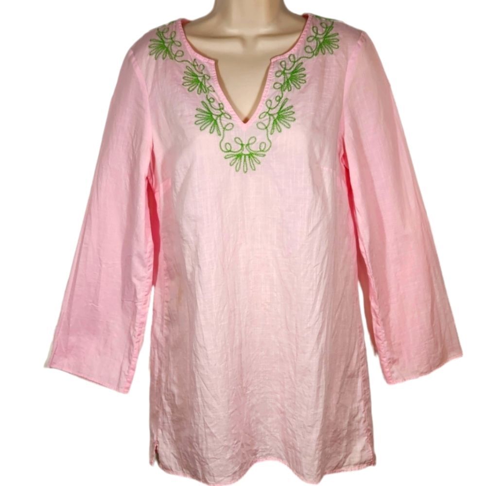 Lilly Pulitzer Elina Tunic Top Dress Cotton Slub Embroidered Pink Green Swim S‎